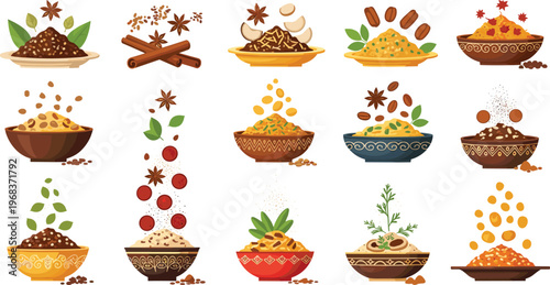 Colorful Spices and Herbs Bowls Set with Cinnamon Sticks, Star Anise, Seeds, and Seasoning Ingredients for Cooking, Culinary Illustration, and Food Design