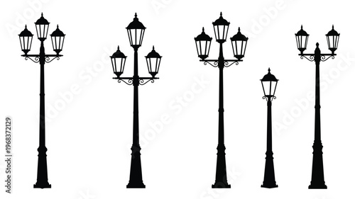 A row of ornate black lampposts against a white background silhouette