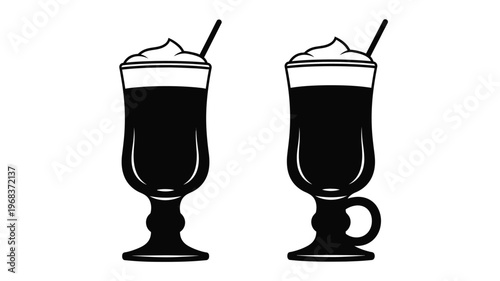 Two glasses of dark beverage with whipped cream a striking silhouette