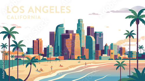 Vibrant Los Angeles Skyline and Beach Illustration - A Colorful Coastal Cityscape View