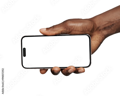 Εκτύπωση καμβά male hand holding iphone18 smartphone with blank screen, isolated on transparent  background