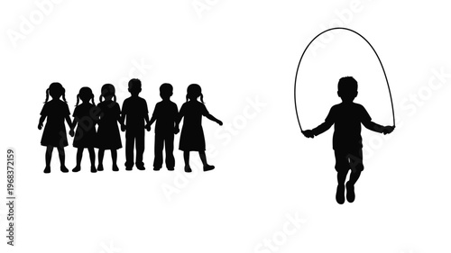 Children playing jump rope together in a striking black silhouette