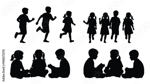 Children playing and reading a delightful black shape silhouette