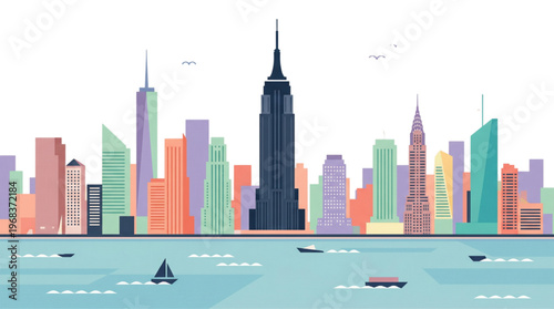 Vibrant and stylized urban waterfront cityscape illustration featuring a diverse array of towering architectural structures and boats gracefully navigating the river