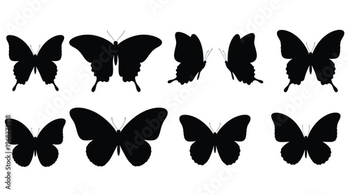 Collection of various butterfly shapes presented in dark silhouette