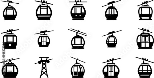 Mountain tourism and aerial transportation icon set featuring four simple black silhouettes of minimalist cable cars – Black and White Vector Illustration