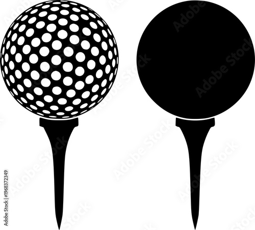 Two golf balls on tees one solid and one dimpled silhouette – Black Vector Illustration