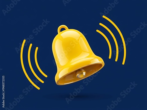 Yellow bell ringing with sound waves coming out of it on blue background