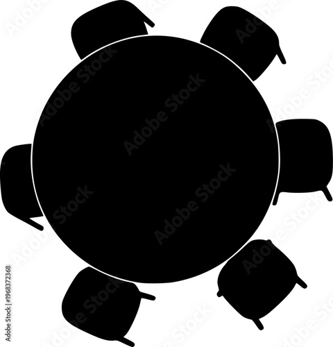 Interior floor plan and restaurant furniture icon set featuring top view simple black silhouettes of two round tables and chairs – Black and White Vector Illustration