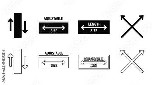Clothing size adjustment guides with arrows and text black silhouette
