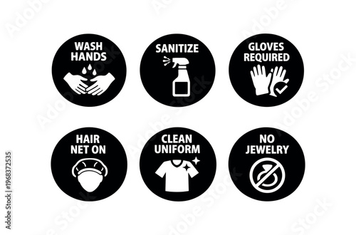 Food hygiene icon set. wash hands, sanitize, gloves required, hair net on, clean uniform, no jewelry, handwashing, safety reminders. line, flat and colored vector icon set.
