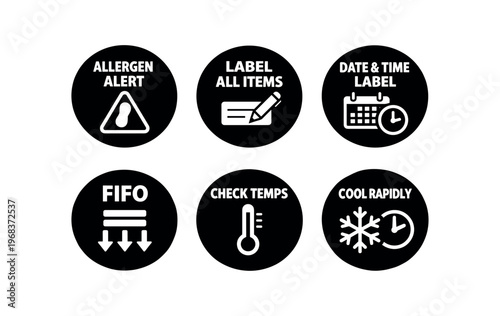 Food storage and labeling icon set. allergen alert, label all items, date & time label, fifo, check temps, cool rapidly, food safety procedures. line, flat and colored vector icon set.