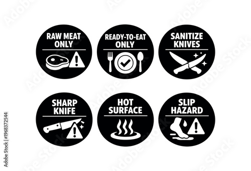 Kitchen safety icon set. food handling, hygiene, raw meat only, ready-to-eat, sanitize knives, sharp knife, hot surface, slip hazard. line, flat and colored vector icon set.