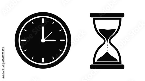 A clock and hourglass depict the passage of time silhouette