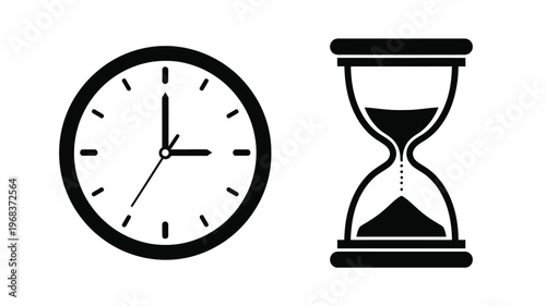 A clock and hourglass depict the passage of time silhouette