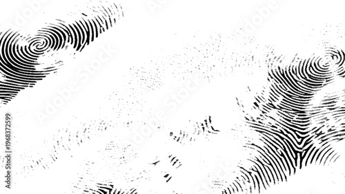 Fingerprint smudges and partial prints in black ink on white surface forensic background