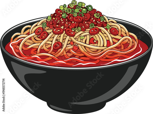 Spicy Asian Noodles in a Black Bowl with Chili and Scallions.