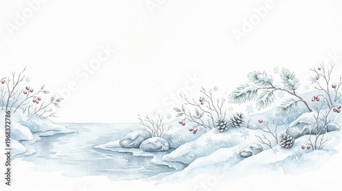 A delicate and artistic watercolor illustration of a winter scene. The composition features a small frozen stream or pond surrounded by mounds of white snow.