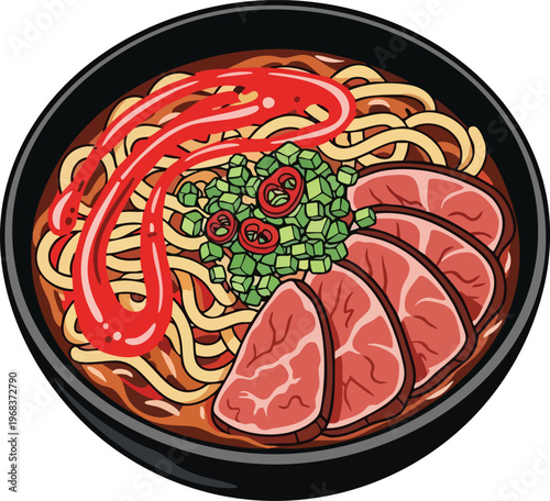 Delicious Bowl of Ramen Noodles with Meat and Spicy Sauce.