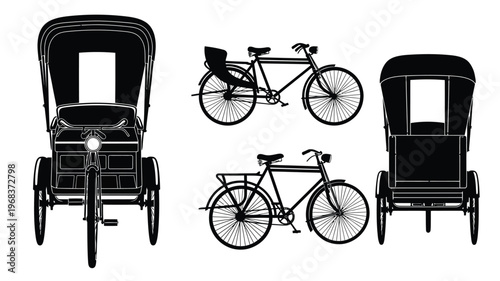 Vintage carriage and bicycles displayed as a striking black silhouette