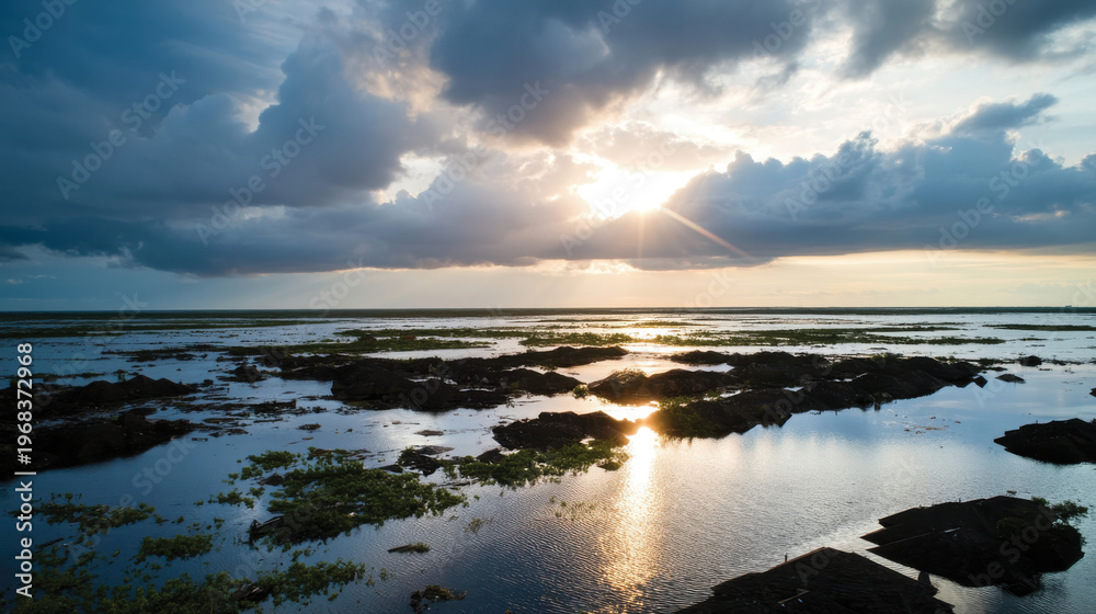 Fototapeta premium A breathtaking sunset casting light over rocky shores adorned with patches of greenery, symbolizing the connection between land and sea in a tranquil maritime landscape.