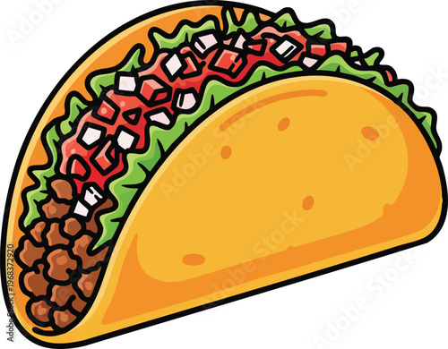 Delicious Crunchy Taco with Fresh Fillings Cartoon Illustration.