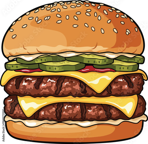 Delicious Double Cheeseburger with Sesame Seed Bun and Fresh Toppings.