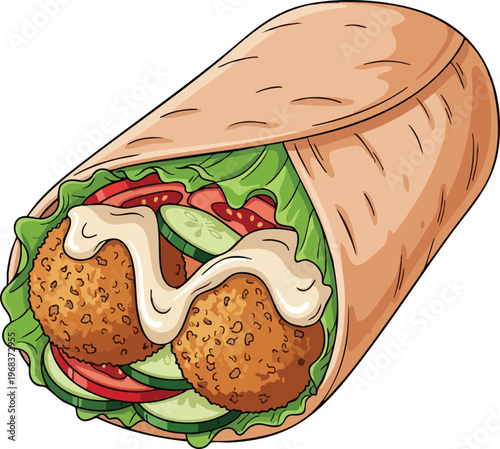 Delicious Falafel Wrap with Fresh Vegetables and Sauce.