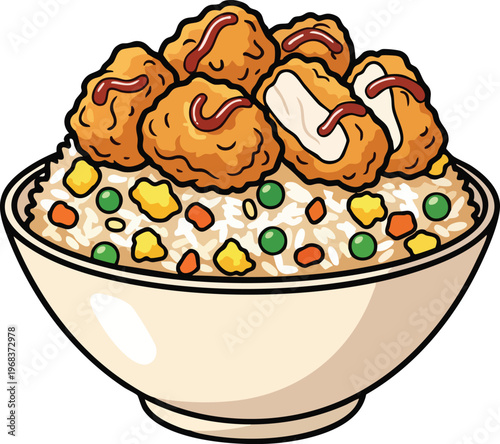 Delicious Fried Chicken and Rice Bowl with Vegetables.