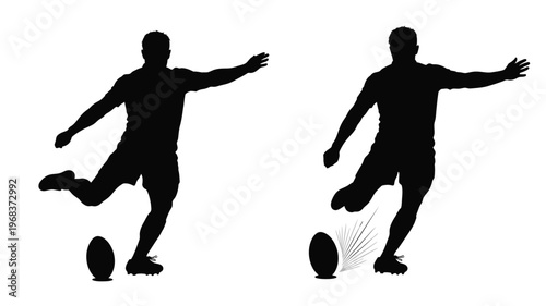 Two footballers kicking a ball dynamic action captured in silhouette