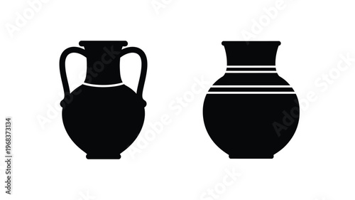 Two ancient ceramic vessels depicted in a stark black silhouette