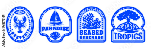 Summer Beach Postage Patch Sticker Pack, Coastal Vacation Vibes Doodle Print, Hand Drawn Tropical Ocean Postal Stamps Vector Illustration for T-Shirt Print, Poster, Scrapbook, Logo Design