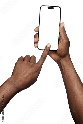 Canvas Print Mobile smart phone screen mock up, white smartphone display mockup in black hand with finger tapping, pointing isolated on white background