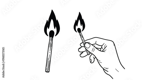 Hand holding a lit match and burning match black outline silhouette