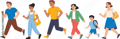 Vector illustration of diverse people walking and jogging together in active lifestyle community