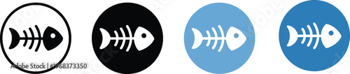 Vector illustration of fish skeleton icons in circular designs with black, white and blue backgrounds