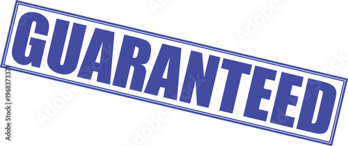 Blue three dimensional guarantee stamp or badge with bold uppercase text isolated on transparent background