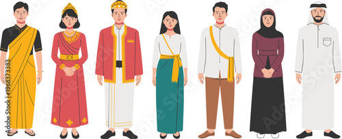Vector illustration of diverse people wearing traditional cultural clothing from different regions