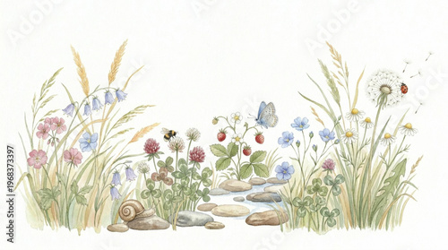 A delicate and charming hand-drawn style digital watercolor illustration of a blooming meadow floor. The composition features a variety of wildflowers 