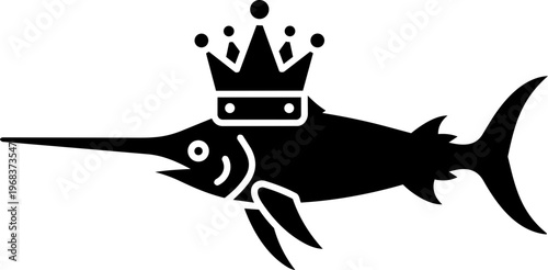 Majestic Black Silhouette of a Swordfish Wearing a Royal Crown - Stylized Marlin King Illustration for Nautical Design