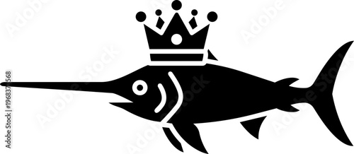Black Swordfish Silhouette Wearing a Royal Crown Vector Graphic Icon