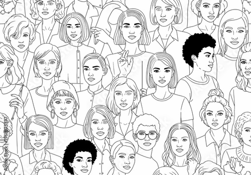 Diverse Women Crowd Line Art Illustration - Female Empowerment and Multicultural Unity Coloring Page Background