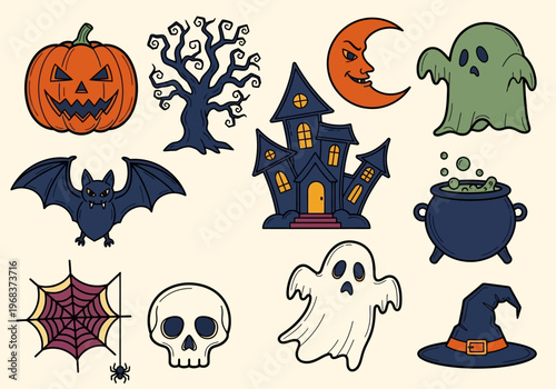 Spooky Halloween Icons Collection: Vintage Hand-Drawn Set with Ghost, Pumpkin, Bat, Haunted House, Skull, and Witch Hat