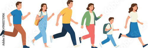 Vector illustration of people walking and running with backpacks in everyday lifestyle activity