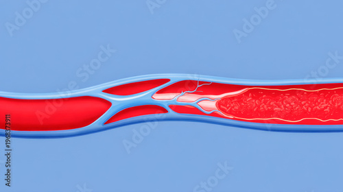 Diagram illustrating blood flow through a blood vessel highlighting healthy circulation and the structure of arteries and capillaries in vibrant colors