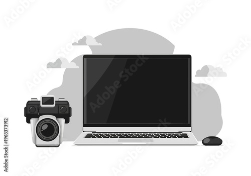 Flat Vector Illustration of a Creative Workspace with Laptop Mockup, Digital Camera, and Computer Mouse - Photography and Tech Workflow Concept