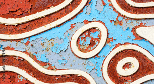 Vibrant abstract background with swirling red and white patterns on blue