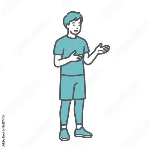 笑顔で会話・説明をするスポーツウェア姿の男性のイラスト