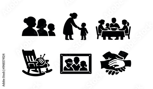 Black silhouette icons showing family members, caregiving scenes, a rocking chair, framed photo and a handshake.