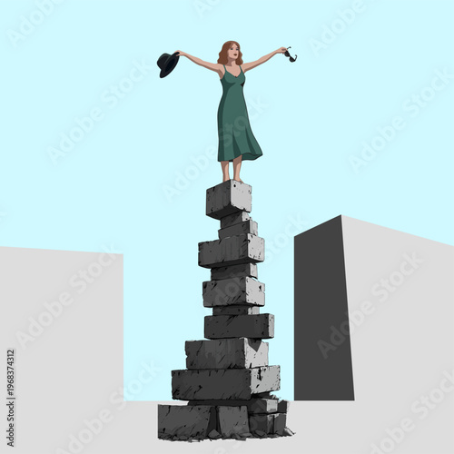 Minimalist Vector Illustration of a Woman in a Green Dress Standing Triumphantly Atop a Stack of Stone Blocks with Arms Outstretched Holding a Hat and Sunglasses